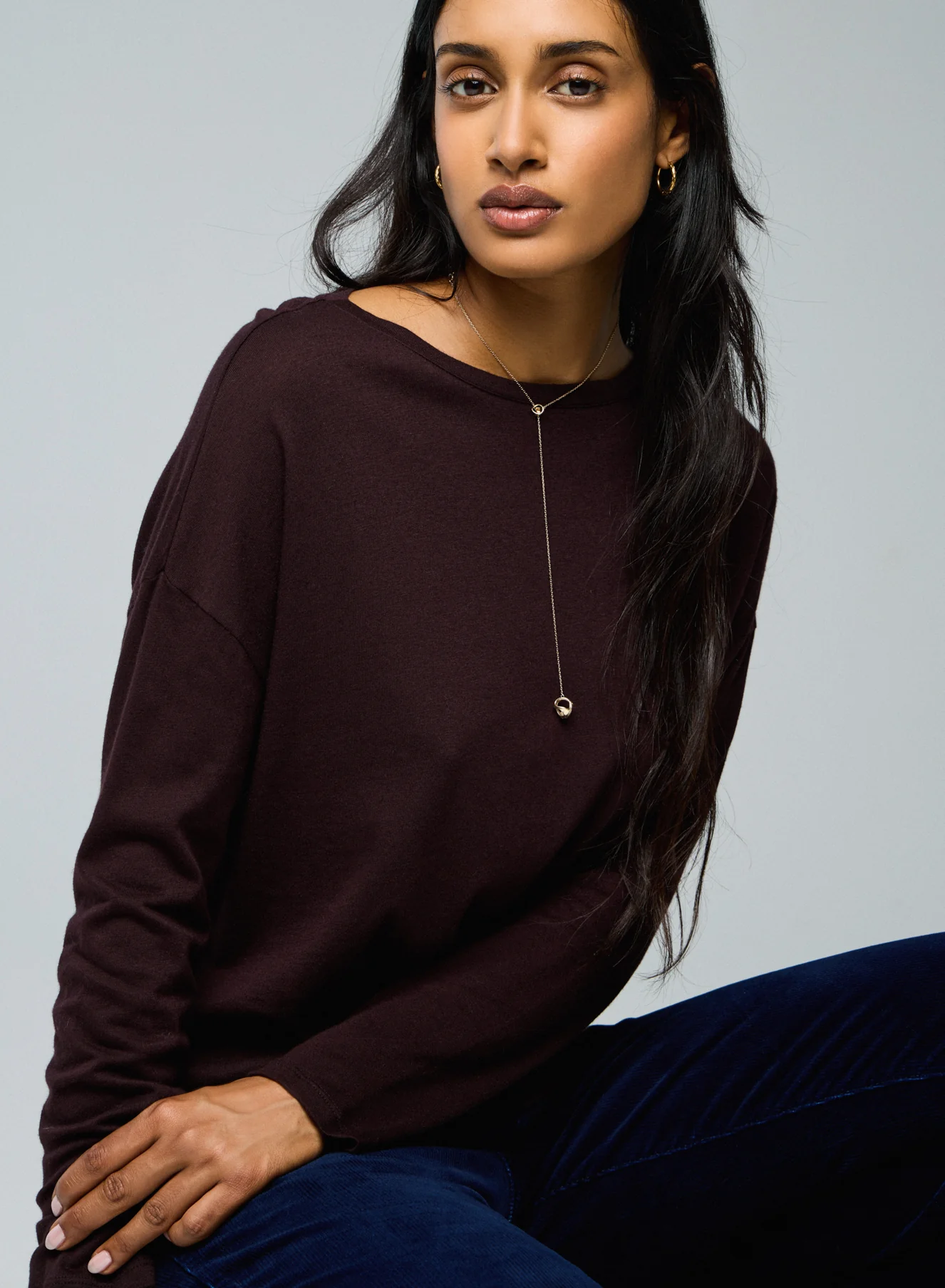 T-shirt Aubergine Col Bateau Manches Longues en Coton et Cachemire - Image 3