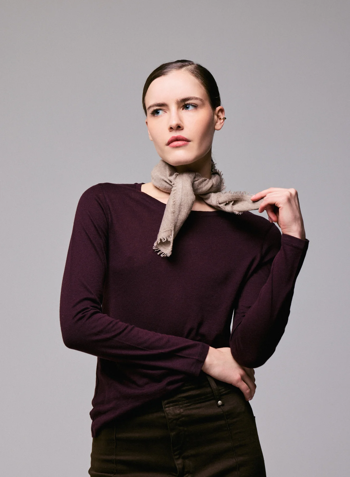 T-shirt Aubergine Col Rond Manches Longues en Coton Organique et Cachemire