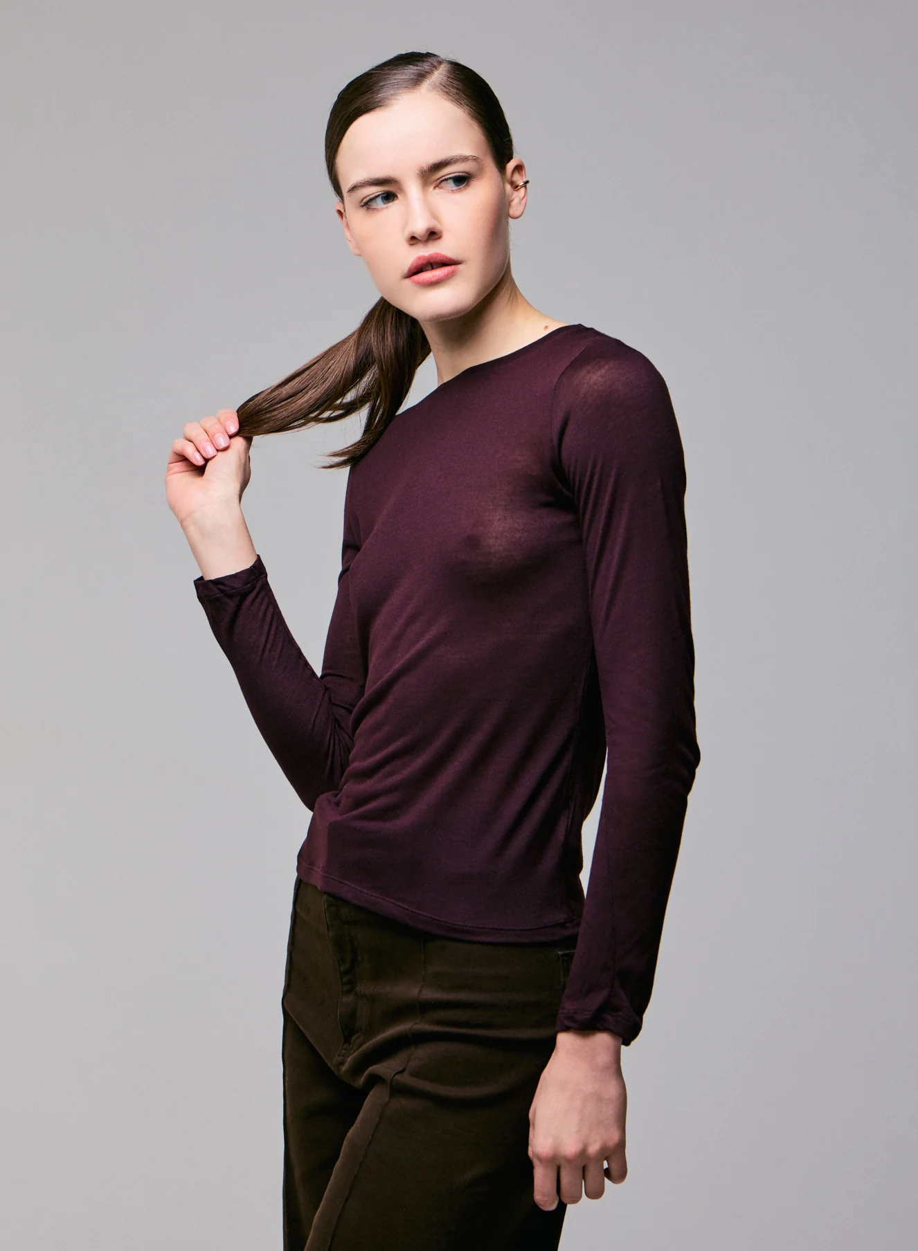 T-shirt Aubergine Col Rond Manches Longues en Viscose / Cachemire - Image 4