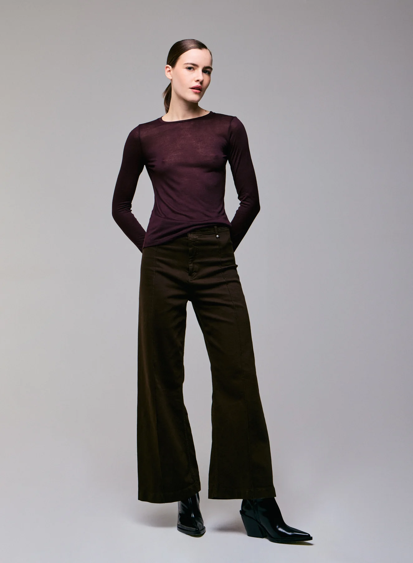 T-shirt Aubergine Col Rond Manches Longues en Viscose / Cachemire - Image 5