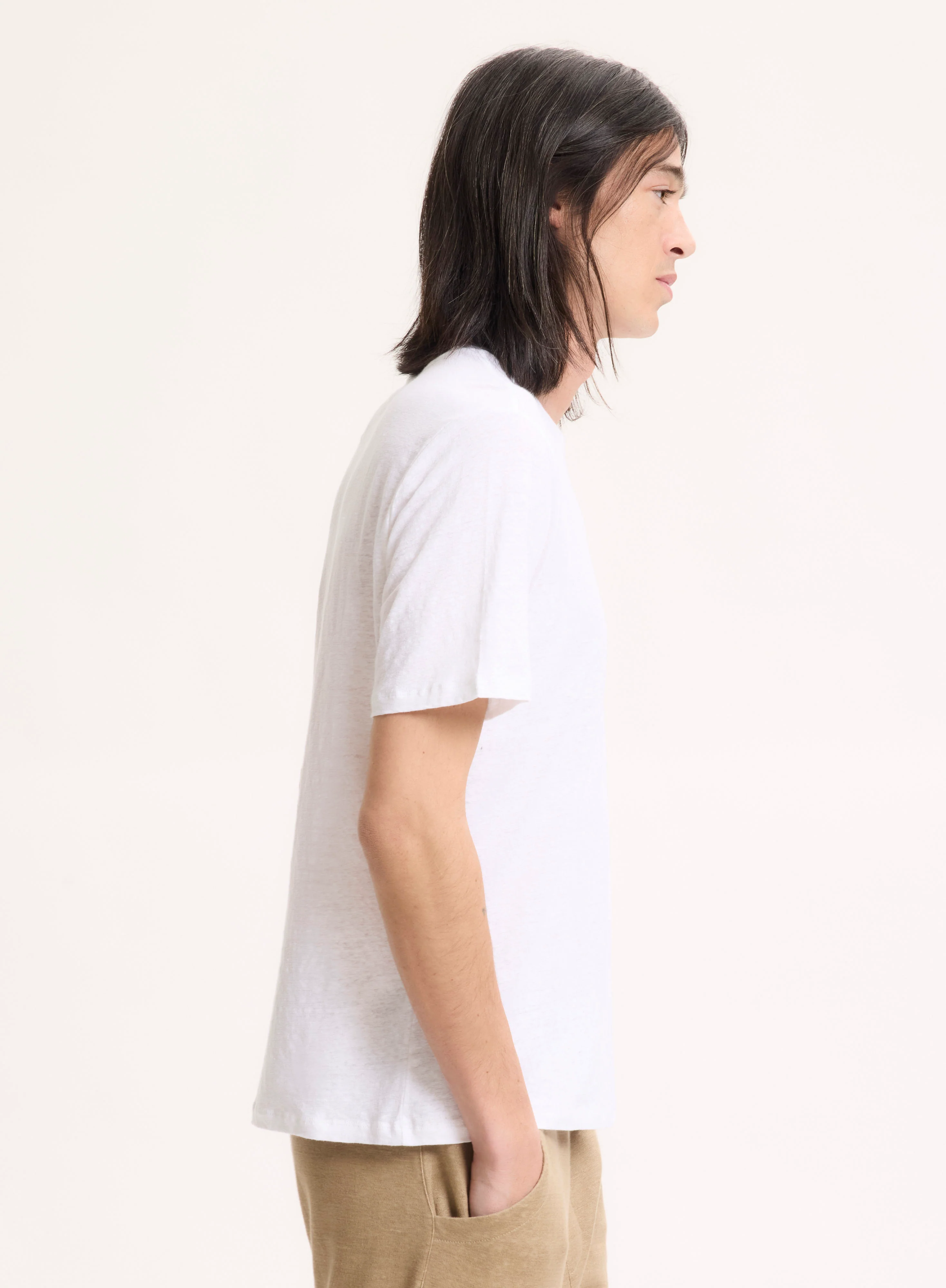 T-shirt Blanc Col Rond Manches Courtes en Lin / Elasthanne - Image 3