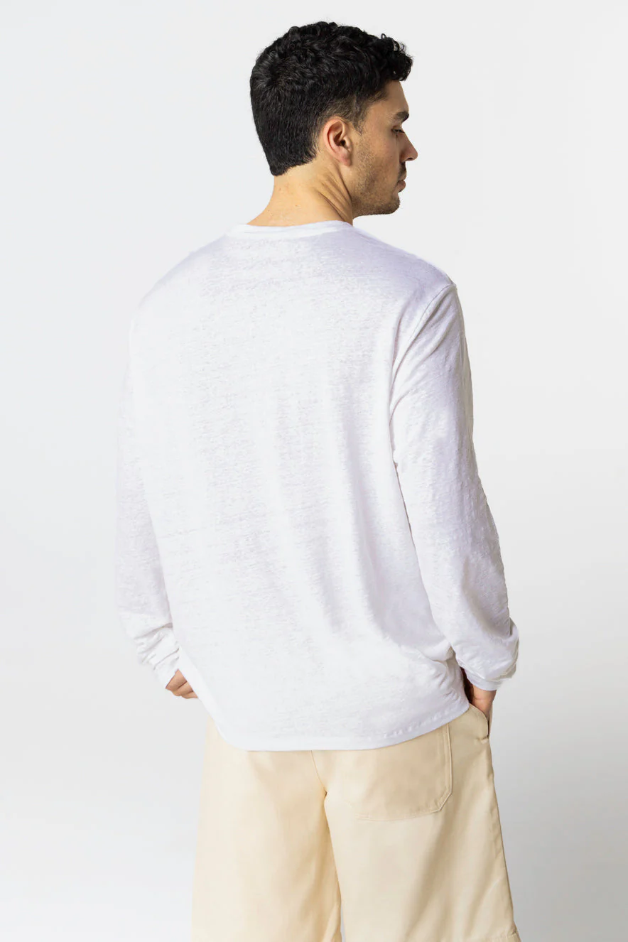T-shirt Blanc Col Rond Manches Longues en Lin / Elasthanne - Image 3