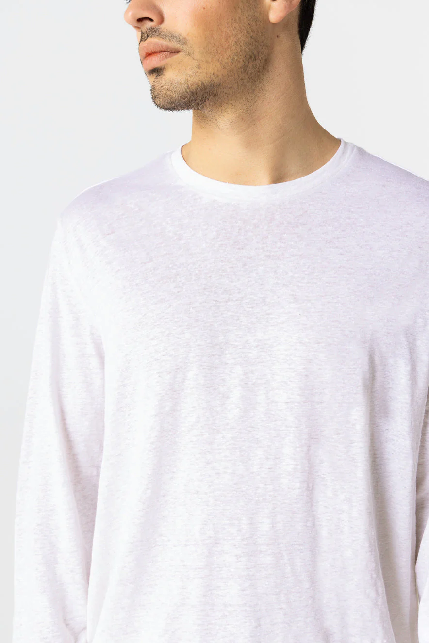 T-shirt Blanc Col Rond Manches Longues en Lin / Elasthanne - Image 4