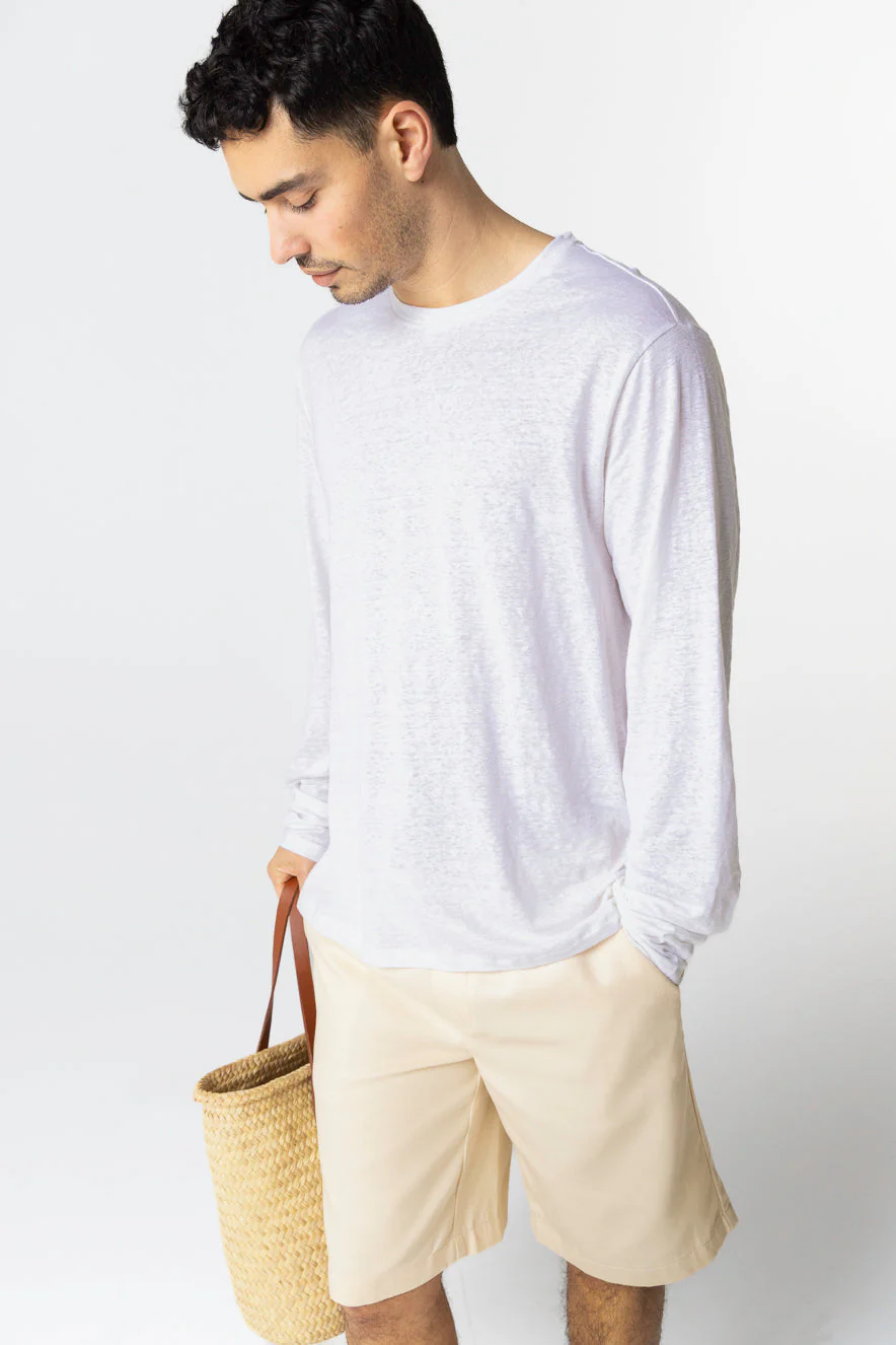 T-shirt Blanc Col Rond Manches Longues en Lin / Elasthanne - Image 5