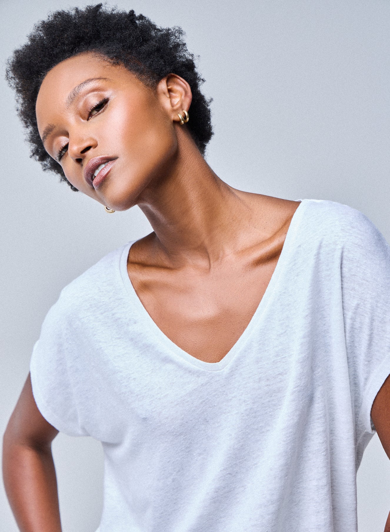 T-shirt Blanc Col V Manches Courtes en Lin / Elasthanne - Image 4