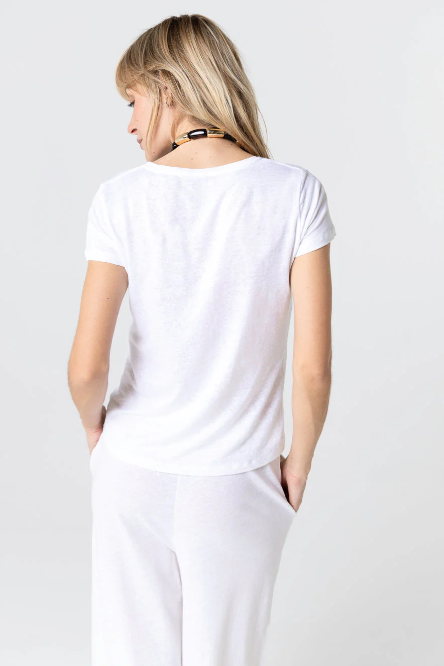 T-shirt Blanc Col V Manches Courtes en Lin et Elasthanne - Image 4