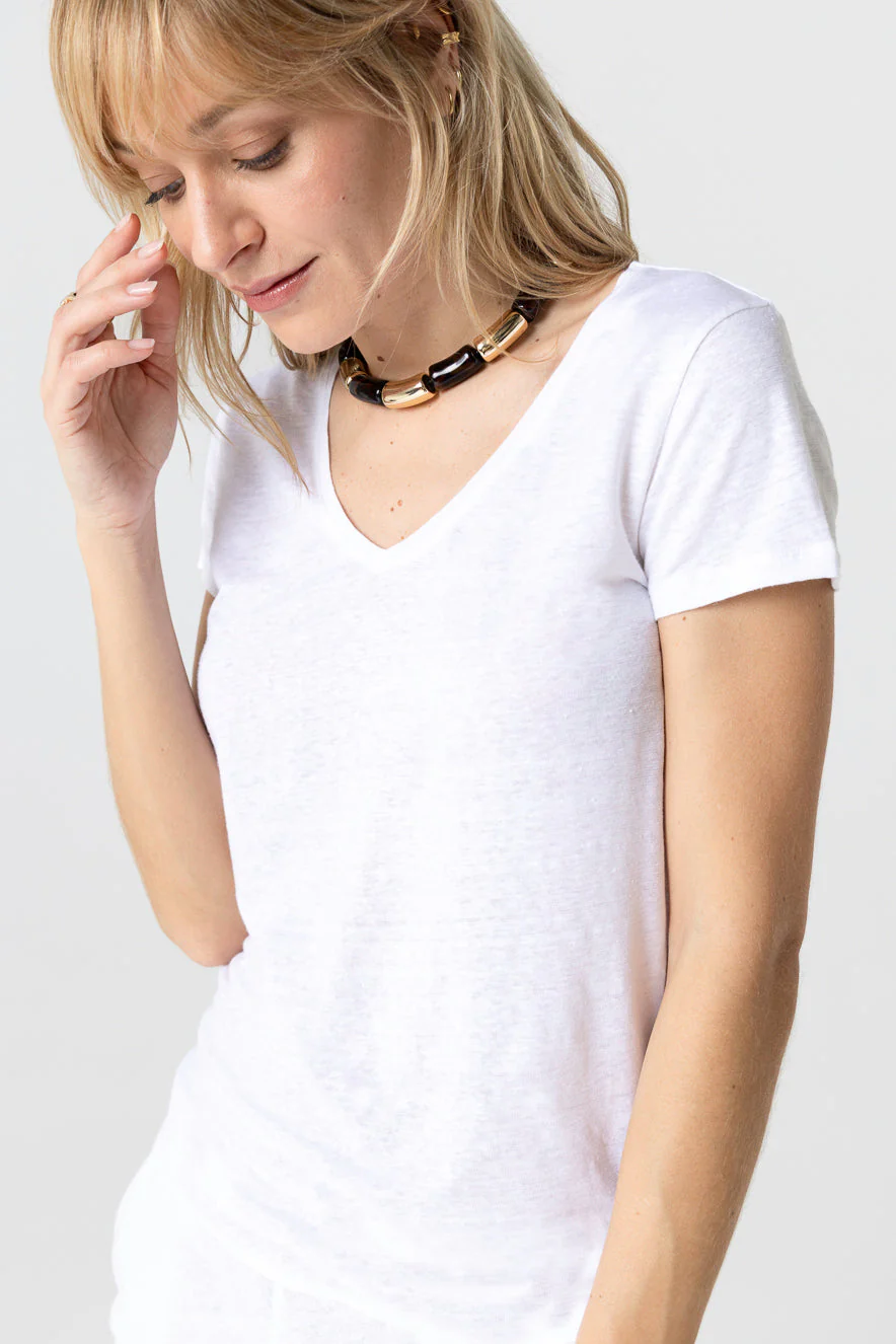 T-shirt Blanc Col V Manches Courtes en Lin et Elasthanne - Image 5