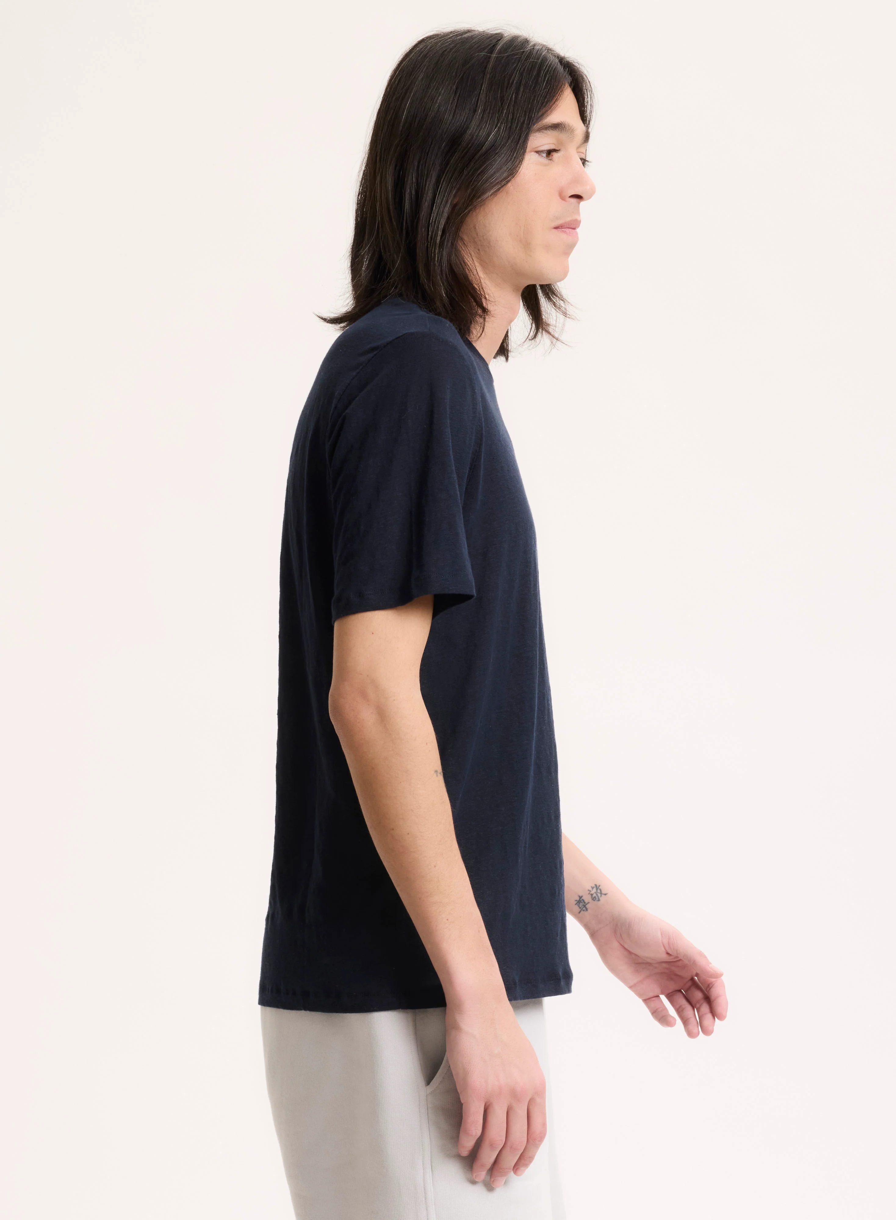 T-shirt Marine Col Rond Manches Courtes en Lin / Elasthanne - Image 3