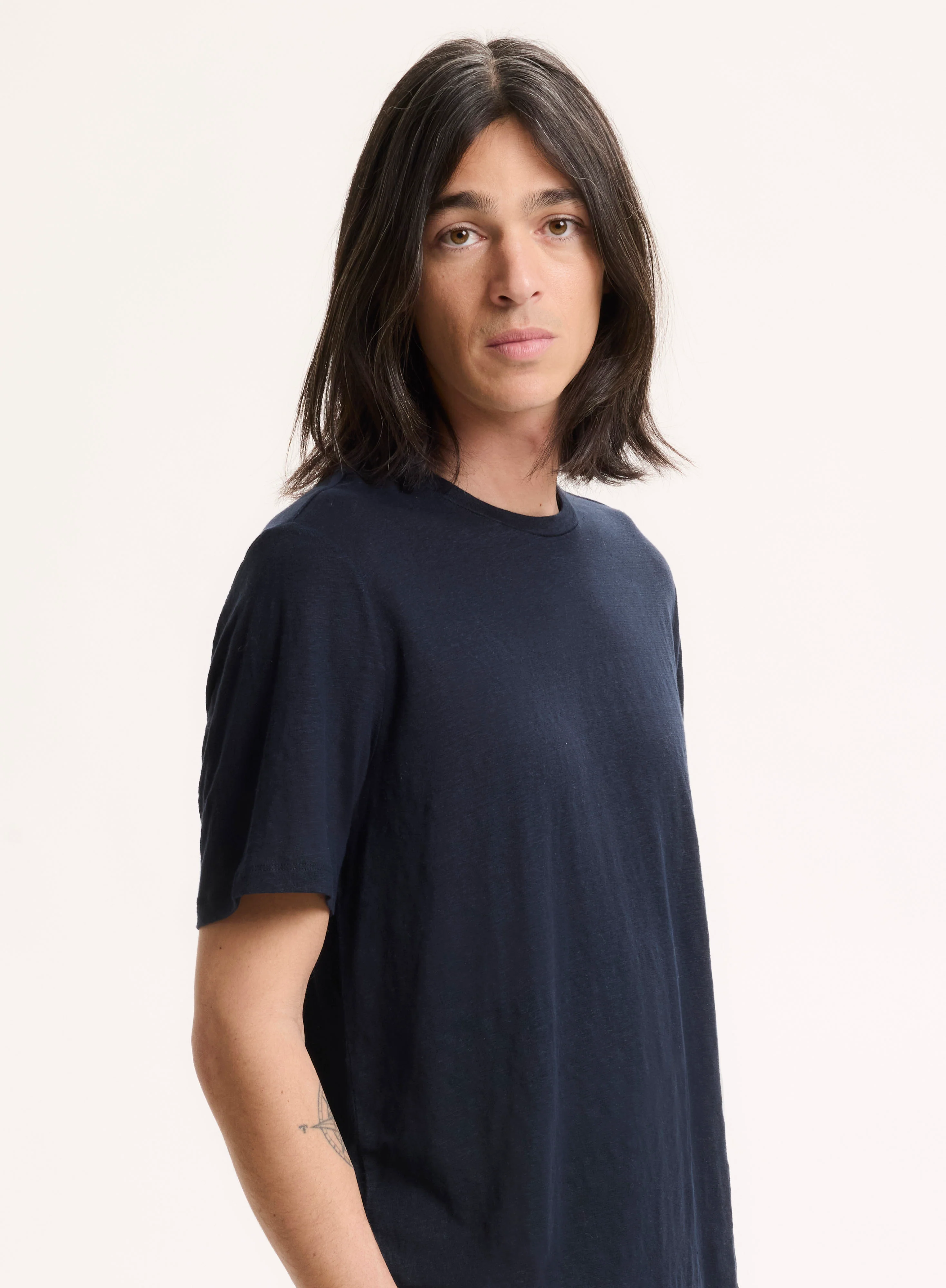 T-shirt Marine Col Rond Manches Courtes en Lin / Elasthanne - Image 4