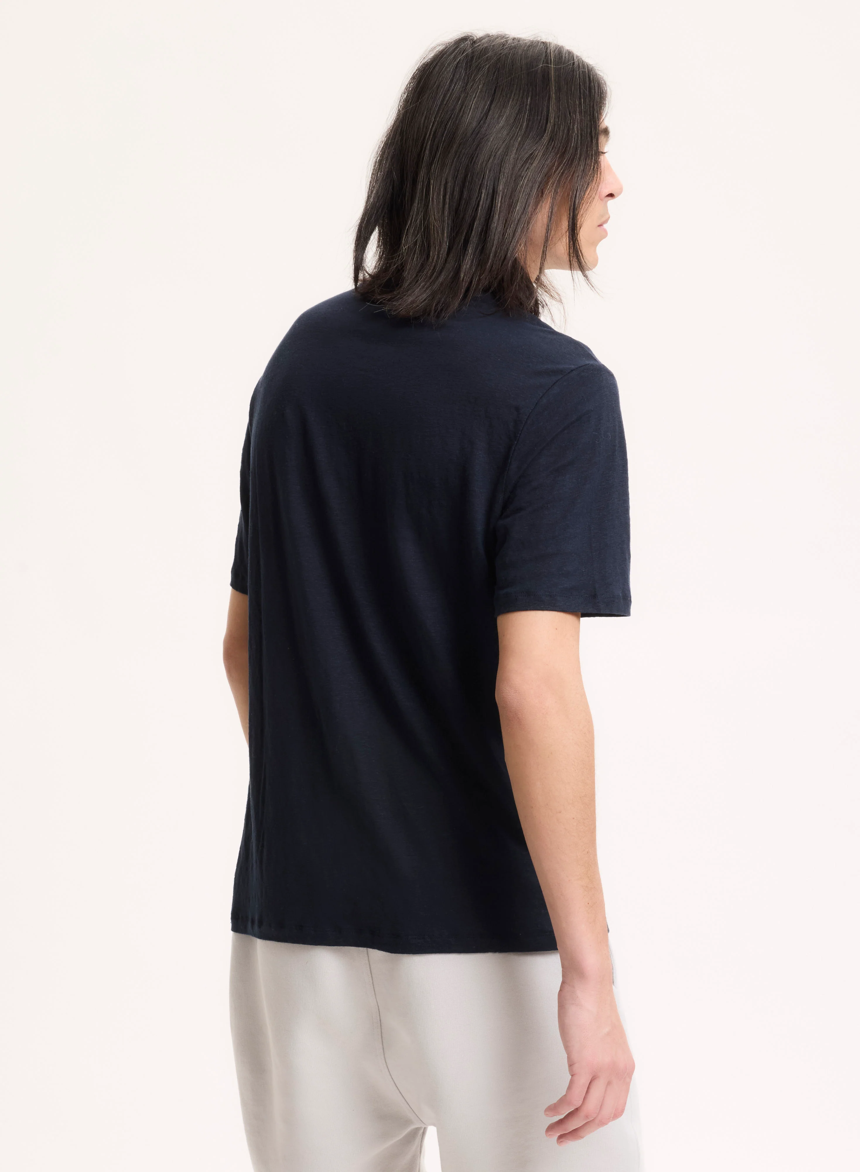 T-shirt Marine Col Rond Manches Courtes en Lin / Elasthanne - Image 5