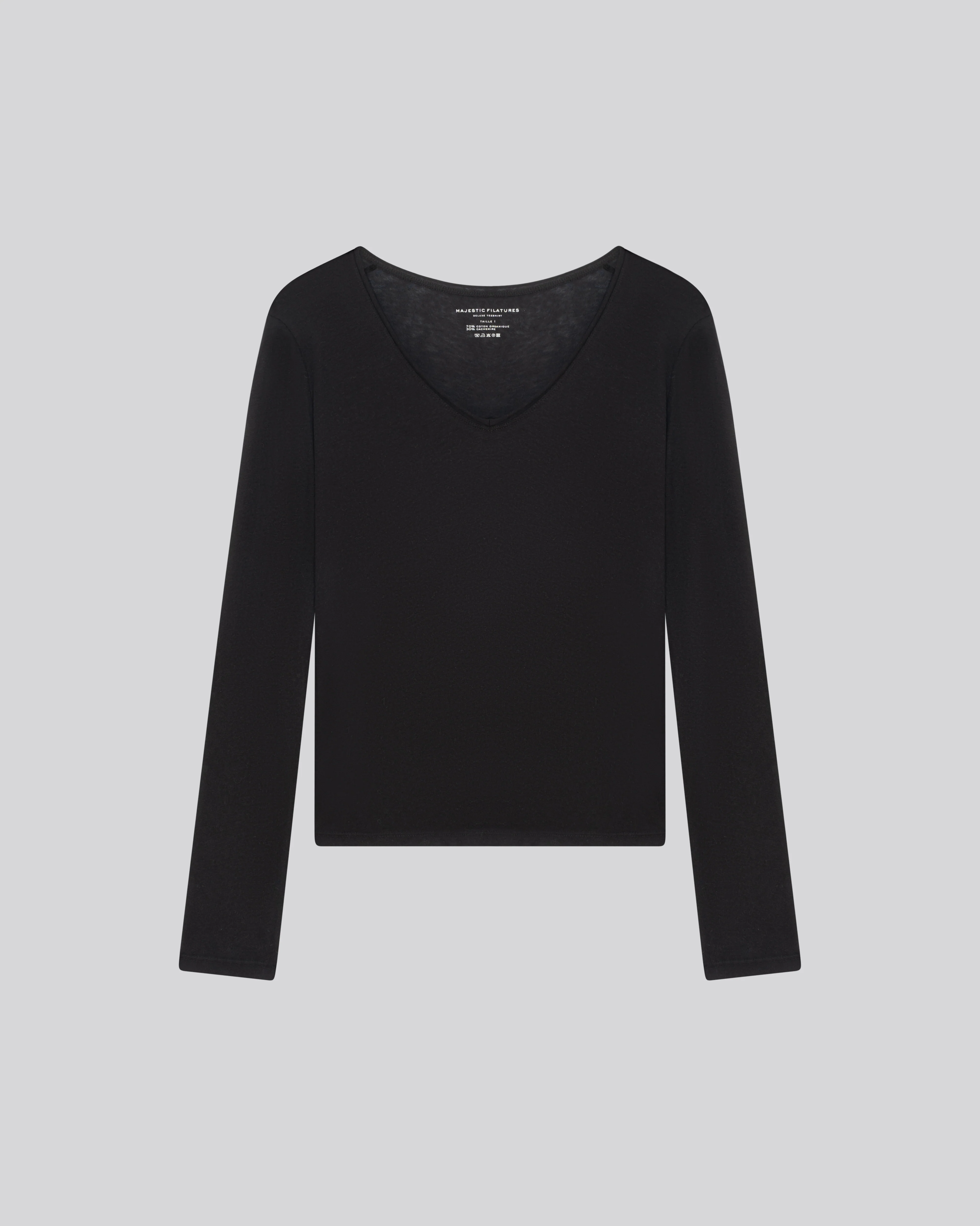 T-shirt Marine Col V Manches Longues en Coton et Cachemire - Image 6