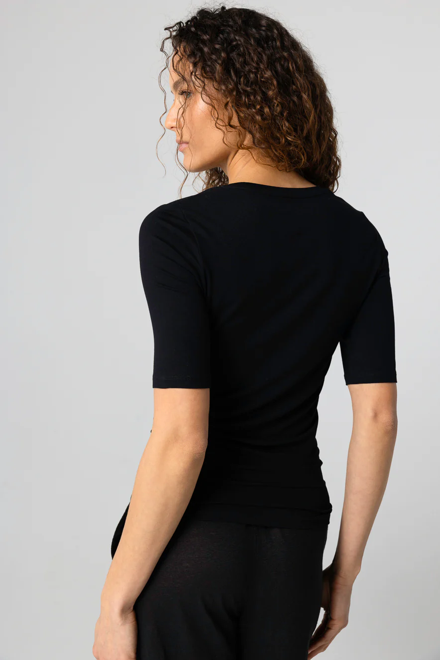 T-shirt Noir Col U Manches Coudes en Viscose / Élasthanne - Image 4