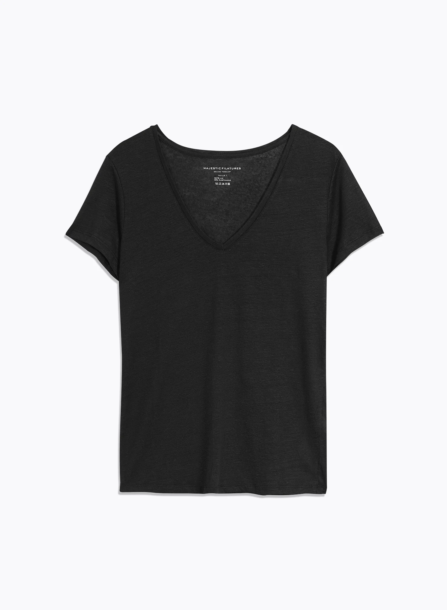T-shirt Noir Manches Courtes Col V en Lin / Elasthanne - Image 7