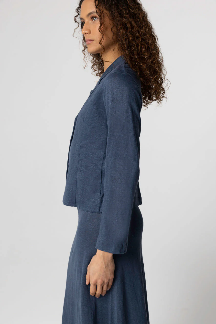 Veste Bleu Foncé Col Veste Manches Longues en Lin / Elasthanne - Image 3