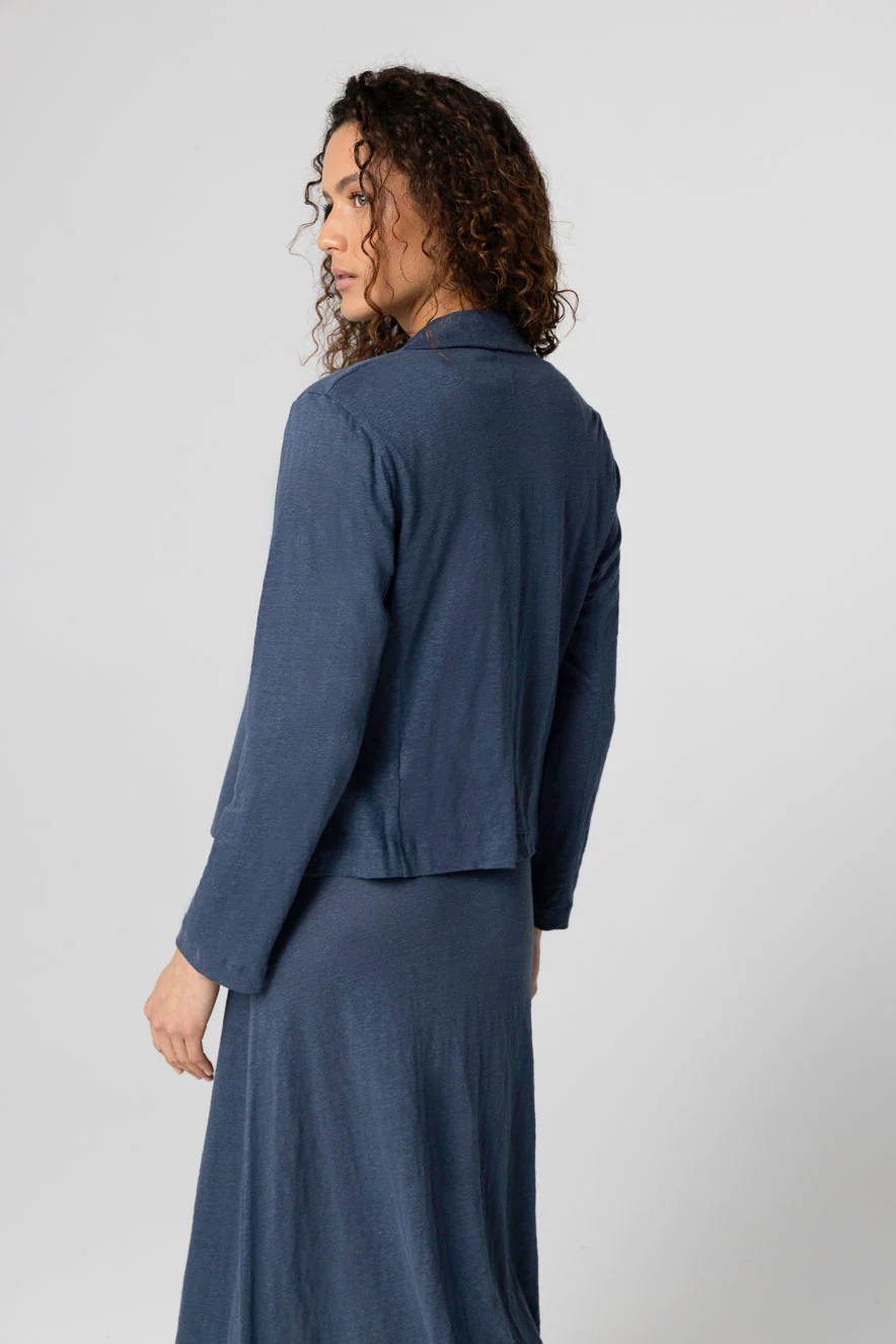 Veste Bleu Foncé Col Veste Manches Longues en Lin / Elasthanne - Image 4