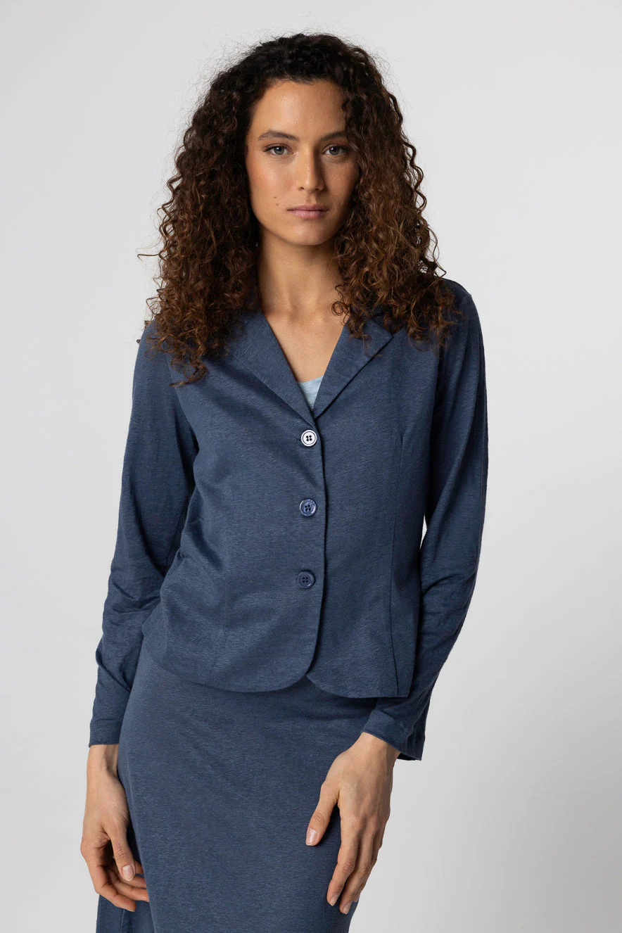 Veste Bleu Foncé Col Veste Manches Longues en Lin / Elasthanne - Image 5